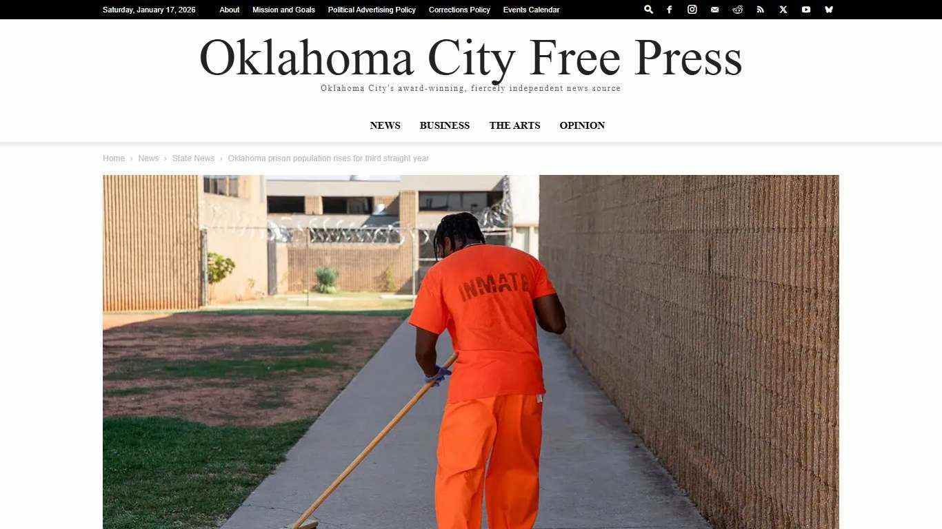 Oklahoma prison population rises for third straight year