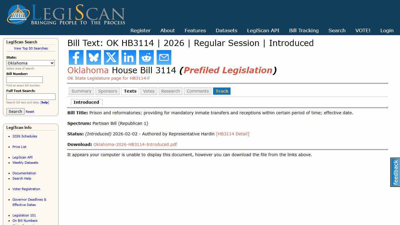 Bill Text: OK HB3114 | 2026 | Regular Session | Introduced | LegiScan