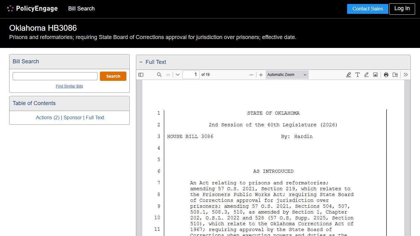 HB3086 | Oklahoma 2026 | Prisons and reformatories; requiring State Board of Corrections approval for jurisdiction over prisoners; effective date. - Legislative Tracking | PolicyEngage